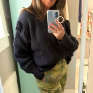 Treasure & Bond Balloon Sleeve Mixed Stitch Fringe Sweater Crew Black S NWT